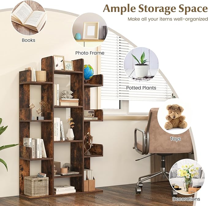 Tangkula Freestanding Tree Bookshelf, Corner Storage Organizer with 13 Open Shelves, Decorative Display Cube Shelf for Living Room, Study, Office, 34 x 9.5 x 55.5 Inch (2, Rustic Brown)