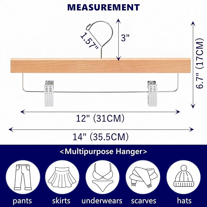 Amber Home 10 Pack Natural Wooden Pants Hangers with Clips, Wood Skirt Hangers Trouser Hangers for Jeans, Slacks, Shorts with 2-Adjustable Clips