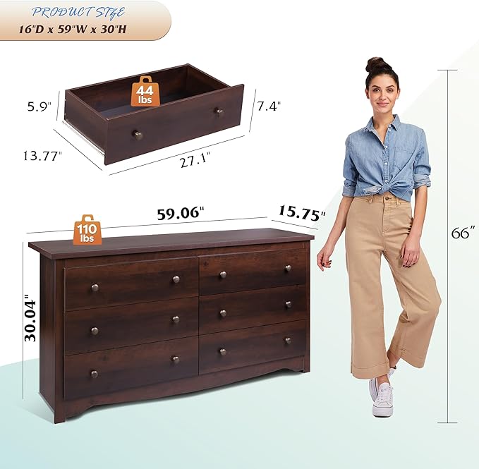 WLIVE Dresser for Bedroom, 59” Wide Chest of Drawers with 6 Drawer, Wood Long Nightstand with Drawers, Modern Large Storage Tower Unit, Closet Store Organizer for Living Room, Hallway, Brown
