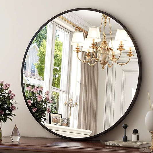 32 Inch Round Black Metal Wall Mirror - Stylish Circle Mirror for Entryway, Bathroom, and Living Room Decor | Matte Black Circle Wall Mirror