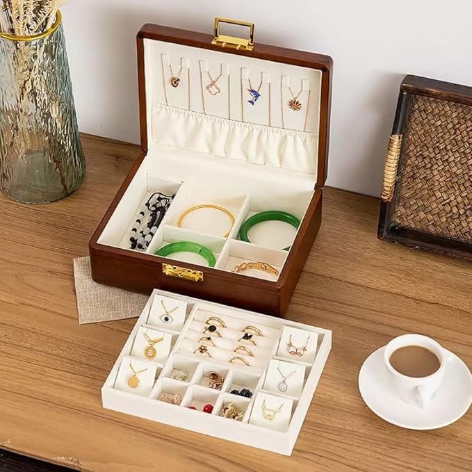 Bescott 2 Layer Solid Wooden Jewelry Box with Lock and Key for Women Men Vintage Velvet Wood Jewelry Organizer Storage for Earrings Rings Necklaces Bracelet Watch Mother’s Day Gift