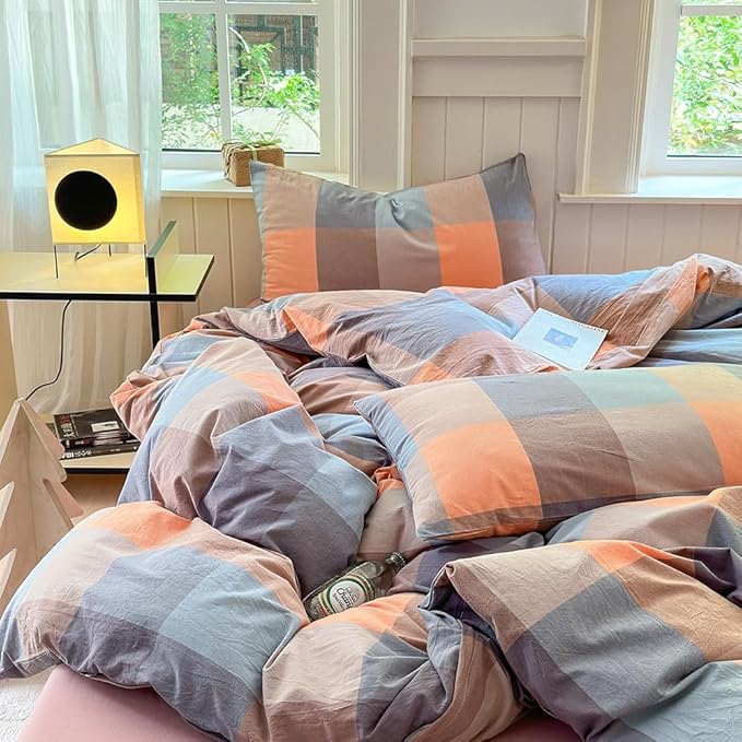 FACE TWO FACE Bedding Duvet Cover Set100% Washed Cotton Duvet Cover Linen Like Textured Breathable Durable Soft Comfy (California King, Cookie Powder Grid)