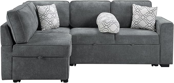Ball & Cast Convertible Sleeper Sofa Bed,Chenille L Shaped Pull Out Couch Bed with Flip-Top Table, USB Ports & Hidden Cup Holders, Corner Sectional Sofa Couches for Living Room,Dark Grey