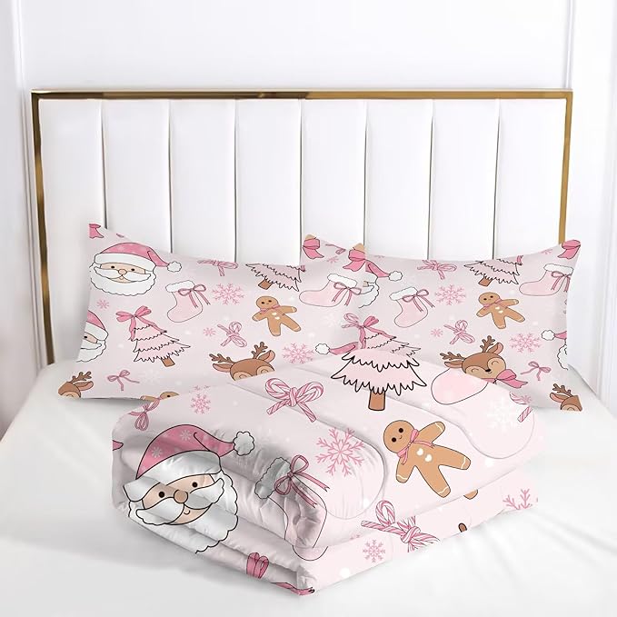 Light-Pink Kids Christmas Comforter Set King Size, Cute Santa Claus Christmas Tree and Reindeer Printed Bedding Set for Girls, Cartoon Xmas Bed Set with 1 Comforter and 2 Pillowcases