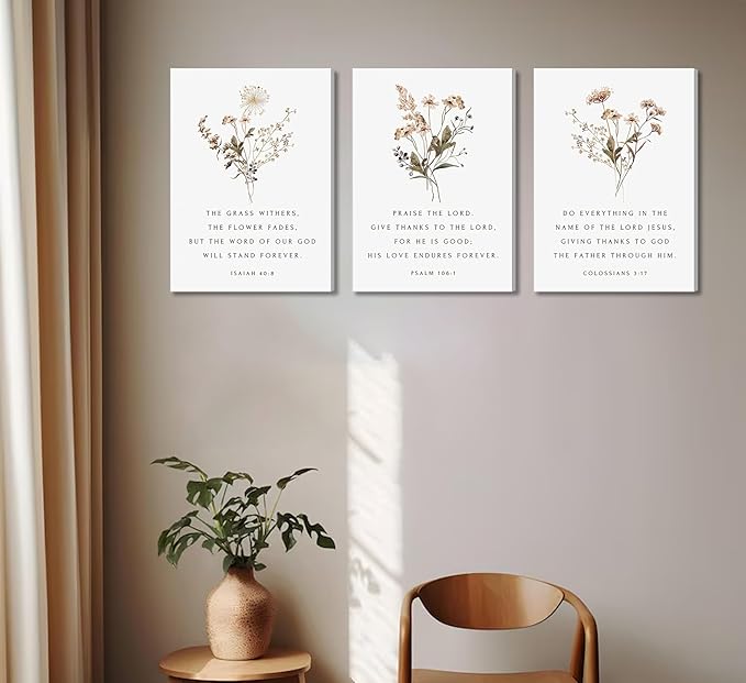 Wildflower Bible Floral Canvas Wall Art Christian Verses Floral Paintings Pictures Wall Decor Botanical Scripture Room Posters Prints for Bedroom Living Room Office Christian Scene Home Decorate