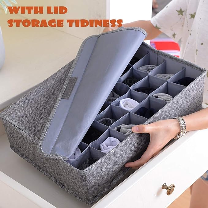 AARAINBOW 2 Packs Underwear Socks Ties Storage Organizer with Lids Foldable Closet Drawer Organizer 60 Cells, Fabric Drawer Wardrobe Divider Storage Boxes for Scarves and Lingerie (30 Cell, 2 Beige)