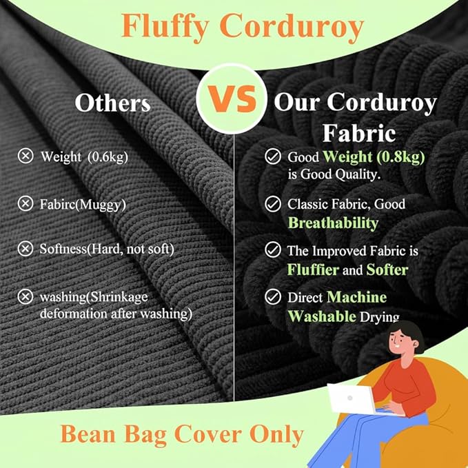Stuffed Animal Storage Bean Bag Cover (No Filler), Corduroy Kids & Toddler Bean Bag Chair for Teens & Adults, Toy Storage Organizer, Comfy Sofa for Playroom (Onyx Black, Kids (Cover Only）)