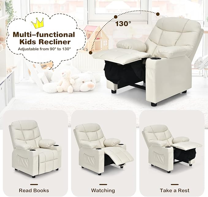 GLACER Kids Recliner Chair w/Cup Holder & Side Pockets, Children Recliner w/Comfortable Backrest, Armrests & Footrest, Toddler PU Leather Recliner for Boys Girls, 3+ Age Group (Beige)