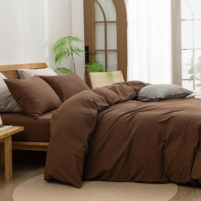 BESTOUCH Duvet Cover Set 100% Washed Cotton Linen Feel Super Soft Comfortable Chic Lightweight 3 PCs Home Bedding Set Solid Cocoa Brown Oversized Queen