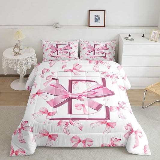 jejeloiu Kids Girls Cute Pink Bow Comforter Set Toddler Size Monogrammed Bedding Set Ultra Soft Personalized Initial E Duvet Quilt Coquette Bow Knot Quilt Set Room Decor Modern Fashion Comforter