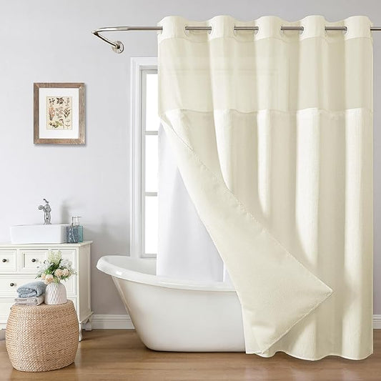 Extra Long No Hook Shower Curtain with Snap-in Fabric Liner Set,Cream Waffle Weave Shower Curtains for Bathroom,Hotel Luxury Decor Bathroom Curtain Set,Waterproof & Washable,71Wx86H