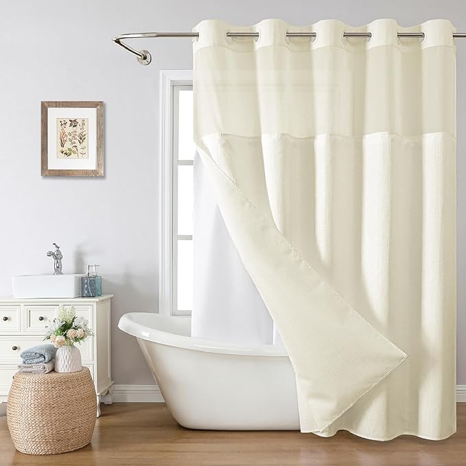 Cream No Hook Shower Curtain with Snap-in Fabric Liner Set,Waffle Weave Shower Curtains for Bathroom,Hotel Luxury Decor Bathroom Curtain Set,Waterproof & Washable,71Wx74H