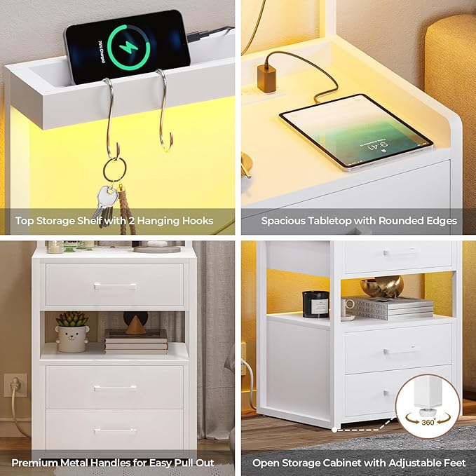 VIAGDO Nightstands Set of 2 with LED Lights, 3 Drawers Night Stands with Charging Station, White Bedside Tables with Storage Shelves, Modern End Side Tables for Bedroom, Office