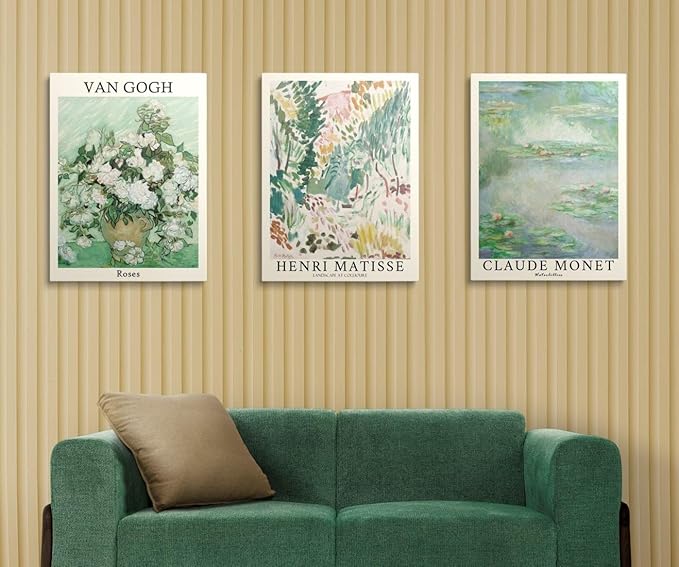 MINI ZOZI Sage Green Canvas Framed Wall Art Set Of 3 Matisse Van Gogh Monet Flower Prints 12x16 Wall Decor Large Mid Century Modern Aesthetic Over Bed Poster Painting Master Bedroom Living Room