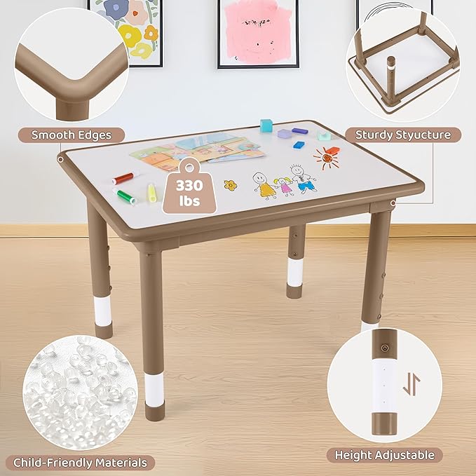 Kids Table and 4 Chairs Set, Height Adjustable (17.7"-26.1") Toddler Table and Chair Set, Multi-Activity Table with Graffiti Desktop, Children’s Table and Chairs for Classroom, Home & Daycare