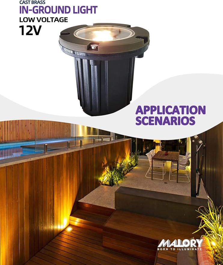 MALORY Low Voltage Landscape Lights, (4.6''H) Brass Top Cover 12V Outdoor In Ground Lights, LED Landscape Well Lighting for Pathway, Driveway, Deck Step and Garden 1 Pack with MR16 Bulb (Flat Top)