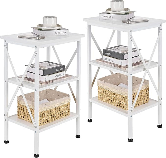 VECELO End Table Set of 2, Bedside Table, 24" Tall Living Room End Tables, X-Design Reinforced Nightstands, Side Table with 3-Tier Storage Shelves for Small Spaces, Office, Bedroom, Pearl White