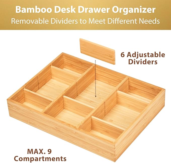 Umilife Desk Drawer Organizer, Bamboo Wood Organizer Tray with Adjustable Compartments, Office Desk Accessories Supplies Organization Storage, 12" x 9"