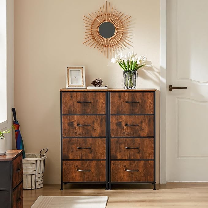 DUMOS Dresser for Bedroom 4 Drawers, Tall Fabric Closet Chests Organizer Tower Furniture with Wooden Top Metal Frame for Nursery, Living Room, Closet, Brown