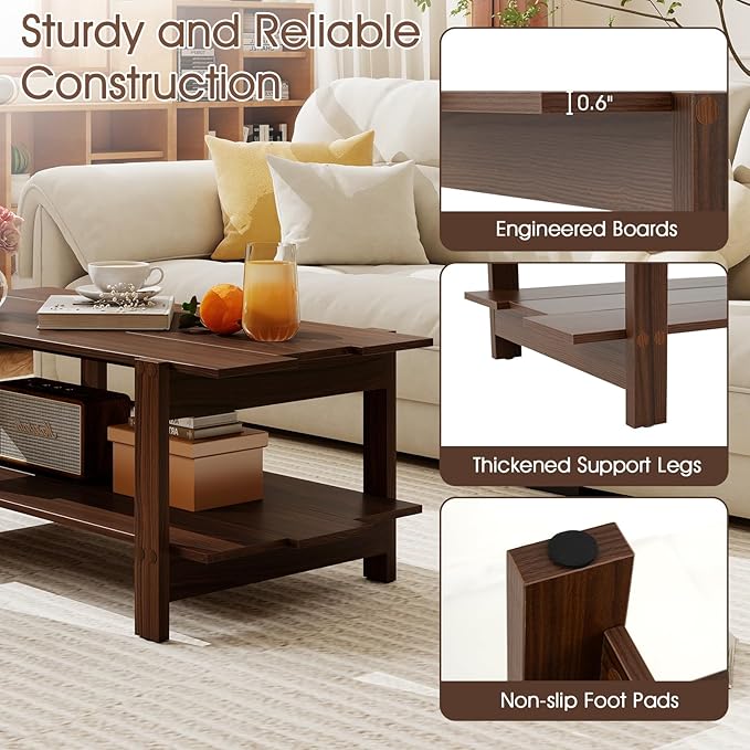 GOFLAME Wood Coffee Table with Storage, 2-Tier Irregular Center Table with Open Storage Shelf, Modern Accent Tea Table for Living Room, Home Office, Reception Room (Walnut)