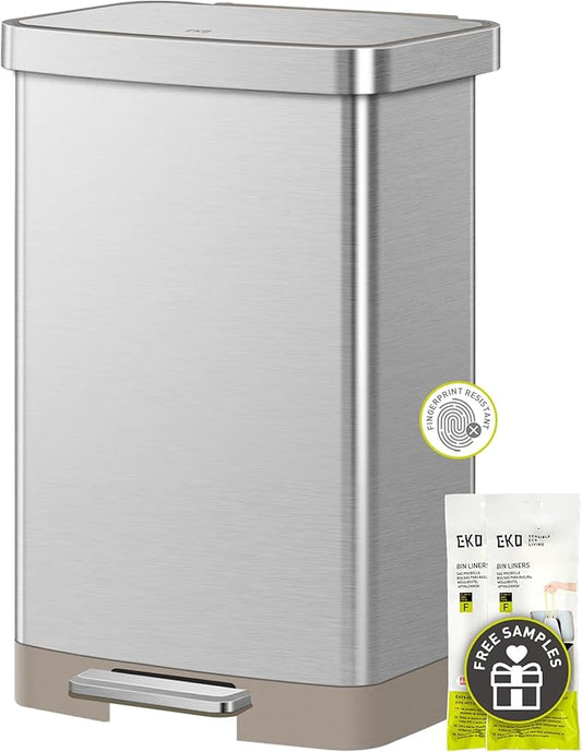 EKO Hudson Matte Stainless 50 Liter/13.2 Gallon Step Trash Can with Rear Trash Bag Storage Compartment