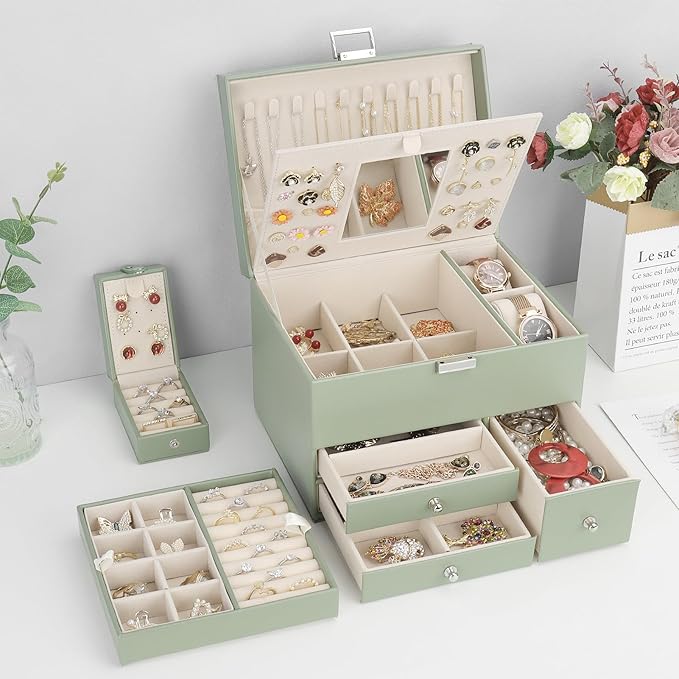 Jewelry Organizer Box, 3 Layers Large Jewelry Box with Travel Jewelry Case and Removable Tray, Jewelry Storage Case with Mirror for Necklaces Earrings Rings Bracelets Watches (Avocado Green)