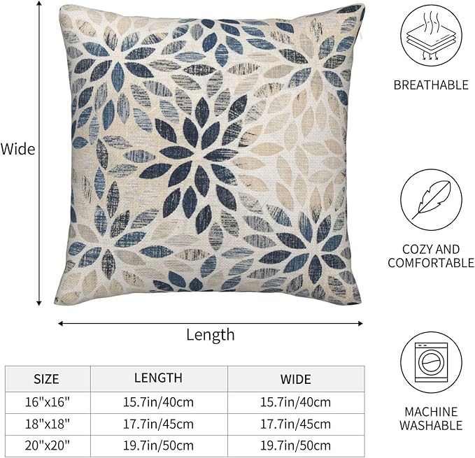 Dahlia Pillow Covers 20x20 Inch Set of 2 Summer Rust Geometric Flower Outdoor Decorative Throw Pillows Farmhouse Navy Blue Pillow Case Linen Square Cushion Cover for Home Sofa Bedroom Living Room