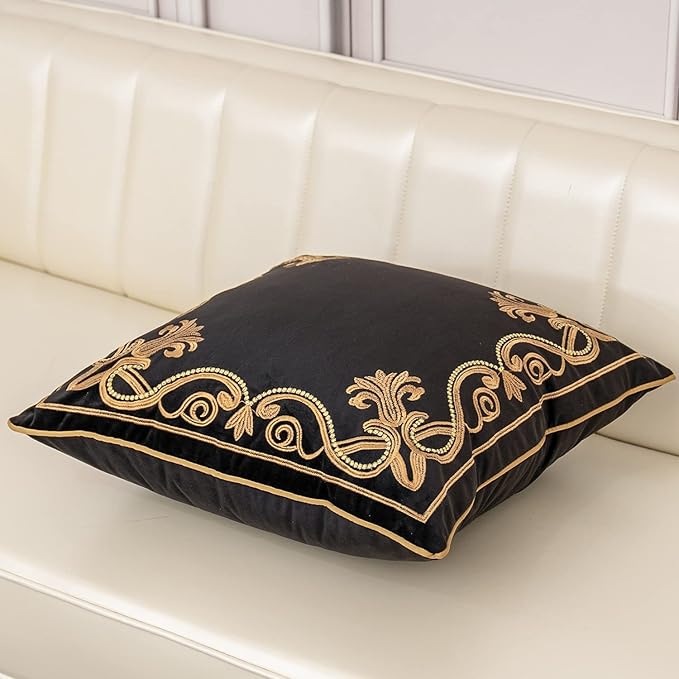 Aeckself European Floral Pillow Cover 24x24 Inch, Large Luxury Velvet Embroidered Decorative Throw Pillow Cover for Couch Bedroom Living Room, Black and Gold, Yw-OBYG-Black6060