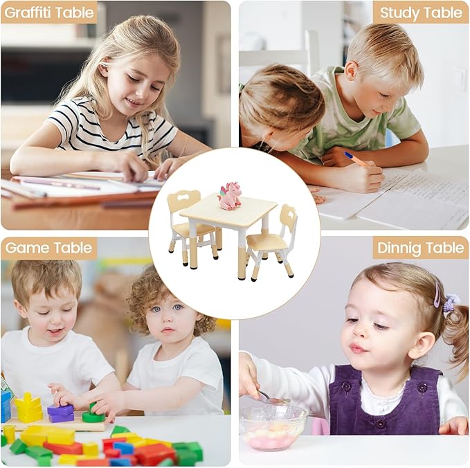 GAOMON Kids Table and 2 Chairs Set with Graffiti Desktop, Height Adjustable Toddler Table and Chairs Set for Reading, Drawing, Playing, Eating