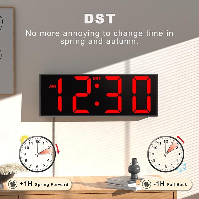 JALL 12'' Large Digital Wall Clock, Big LED Number Dispaly, RGB Colors, DST, Night Light for Classroom Living Room Bedroom Mounted Birthday Xmas Gift for Senior, Mem Womem (Red Font, 12 inches)