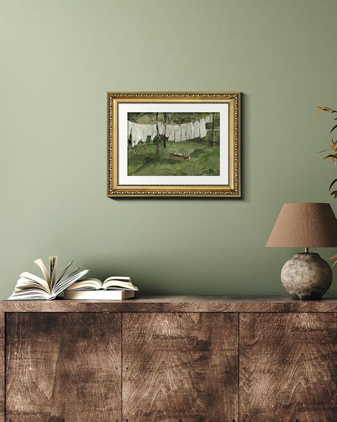 VIYYIEA Gold Framed Wall Art Canvas Print Home Decor Vintage Laundry Room Art Prints Antique Country Oil Painting Green Landscape Wall Decor Bathroom Art Wall Pictures for Living Room Bedroom 11x14in