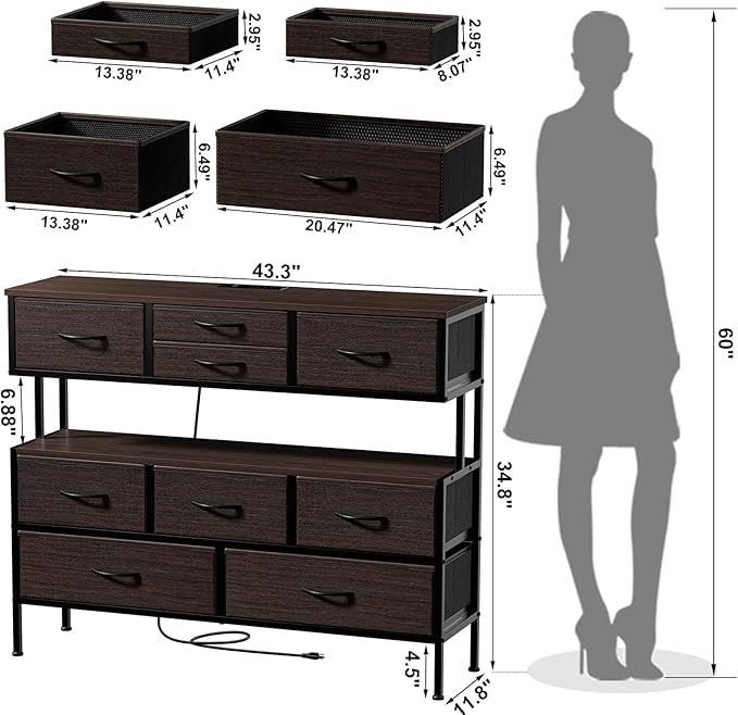 REAHOME Dresser TV Stand with Charging Station and LED Lights, 55” TV Stand Entertainment Center with 9 Drawers, Steel Frame, Large Storage Chest of Drawers for Bedroom, Living Room, Brown
