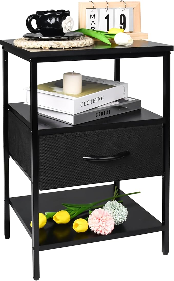 Black Nightstand with Fabric Drawer and Wood Shelf, Waterproof Surface Bedside Table, Eco-Friendly Small Side Table for Bedroom, Dorm, Living Room