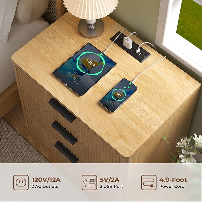 HOMMPA 24'' Fluted Nightstand with Charging Station Set of 2, Modern Bedside Table with Storage, 3 Drawer End Table, Wooden Bedside End Table for Bedroom, Living Room, Curved Profile Design