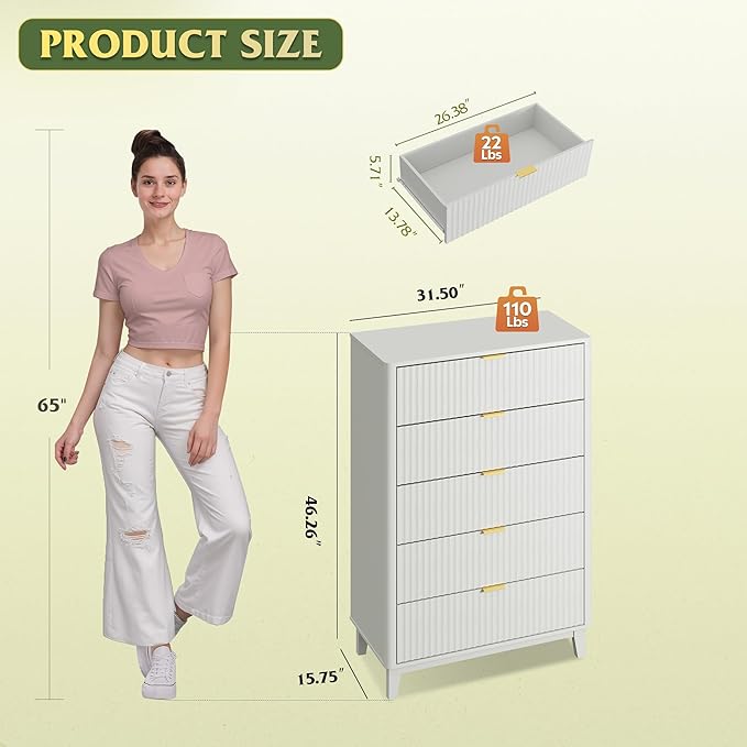 WLIVE Fluted Dresser for Bedroom with 5 Drawers, 46.26" Tall Wood Dresser with Golden Metal Handles, Mid Century Modern Chest of Drawers for Living Room, Hallway, Closet, Solid White