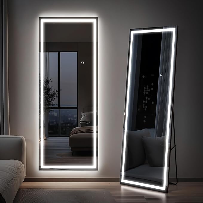 65x24 Full Length Mirror, Dimmable 3 Color LED Light w/Light Memory, Distortion Free Silver Coating Mirror, HD Reflection &Anti Desilvering,Tempered Glass &Shatter Proof Film Doubles Safety
