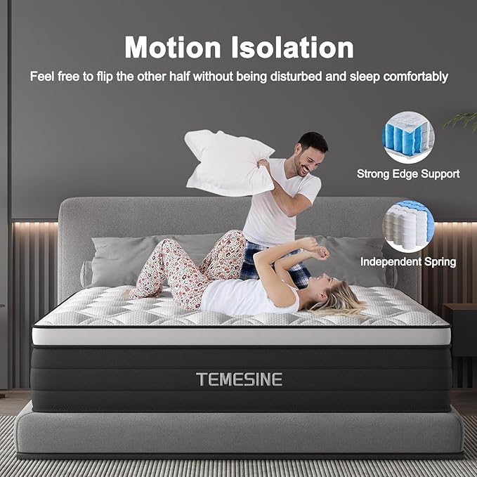 Full Size Mattress, 14 Inch Hybrid Mattress in a Box with Individual Pocket Spring, Gel Memory Foam and Euro Top, Medium Firm Feel with Motion Isolation, Pressure Relief, Edge Support, Black