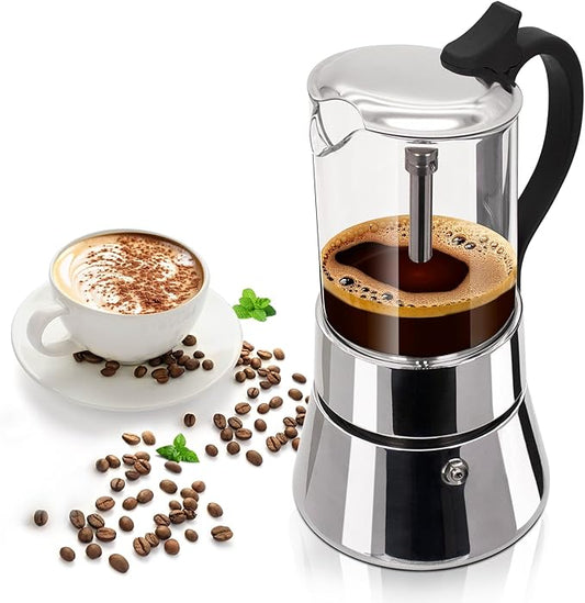 Clear Glass Moka Pot 6 Cup 350ml Stainless Steel Coffee Maker Uncoated Stovetop Espresso Percolator Coffeemaker Italian Classic Style Brewing Greca Cafe Mocha Machine for Cafeteras Camping Travel Home