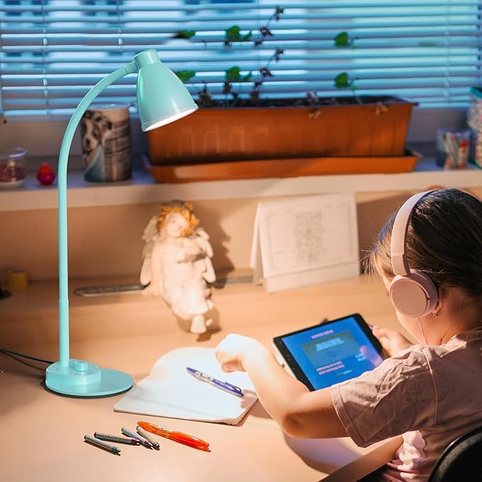 BOHON LED Desk Lamp with USB Charging Port, 3 Color Modes Fully Dimmable Reading Lamp, Auto Dimming Task Lamp, Flexible Gooseneck Table Light for Office Dorm Bedside, Adapter Include, Teal