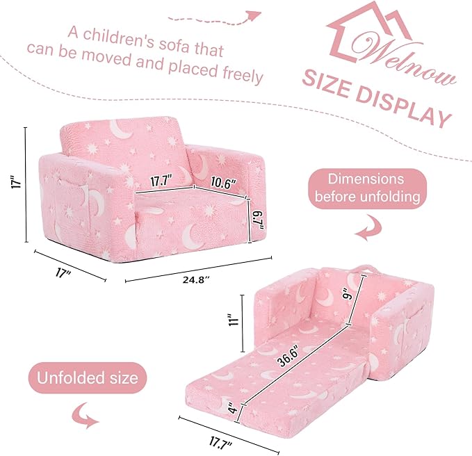 Welnow 2-in-1 Kids Sofa Chair, Glow in The Dark Convertible Toddler Chair Flip Out Children Sofa Chair Folding Kids Play Sofa with Side Pockets & Removable Cover Armrest Chair for Girl or Boy