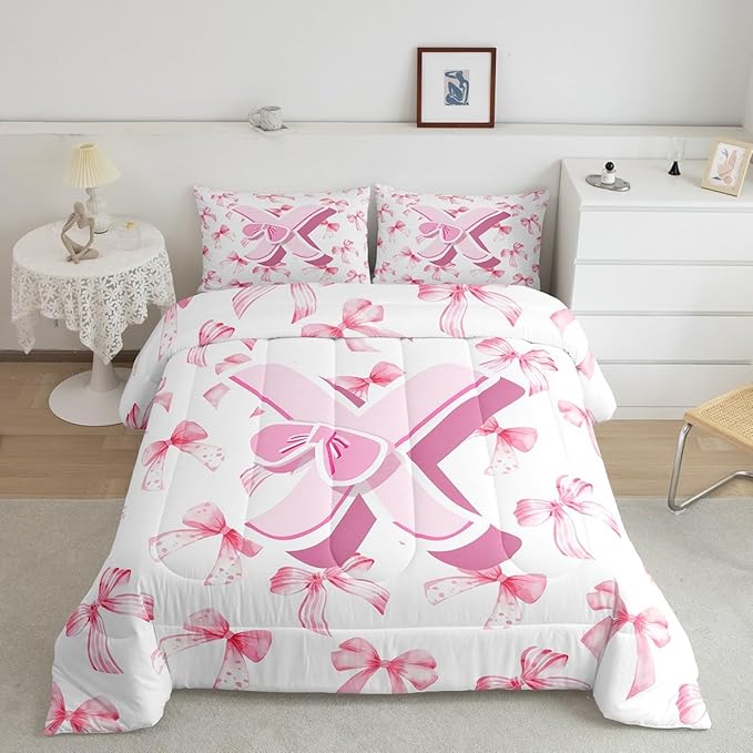 jejeloiu Kids Girls Cute Pink Bow Comforter Set King Size Monogrammed Bedding Set Ultra Soft Personalized Initial X Duvet Quilt Coquette Bow Knot Quilt Set Room Decor Modern Fashion Comforter