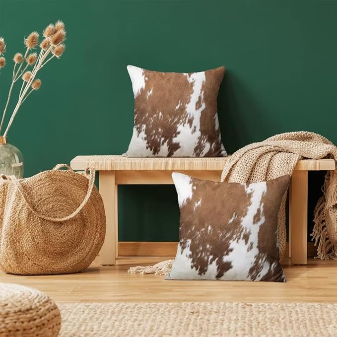 BETGINY Cow Print Pillow Covers 20X20 Inch Pack of 2, Western Brown Cowhide Throw Pillow Covers Square Farmhouse Animal Cow Print Cushion Cases for Bedroom Living Room Home Sofa Patio Outdoor