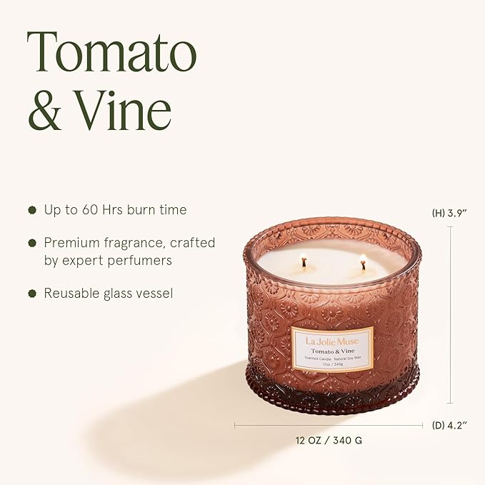 LA JOLIE MUSE Tomato & Vine Scented Candle, Candles for Home Scented, Large 2-Wick Soy Candles, Luxury Jar Candle Gifts for Women & Men, 60 Hours Long Burning, 12oz
