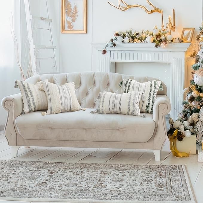 decorUhome Decorative Boho Throw Pillow Cover 12x20, Lumbar Accent Neutral Textured Tufted Pillow Cover Striped for Couch Bed Sofa, Light Grey and Cream White, Pack of 1