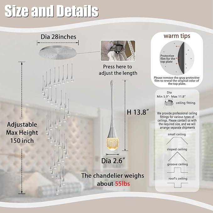 150in High Ceiling Chandelier for Foyer Entrance 36-Light Crystal Silver Chandelier Light Fixture Large Ceiling Light for Living Room Staircase Hallway Dining Room