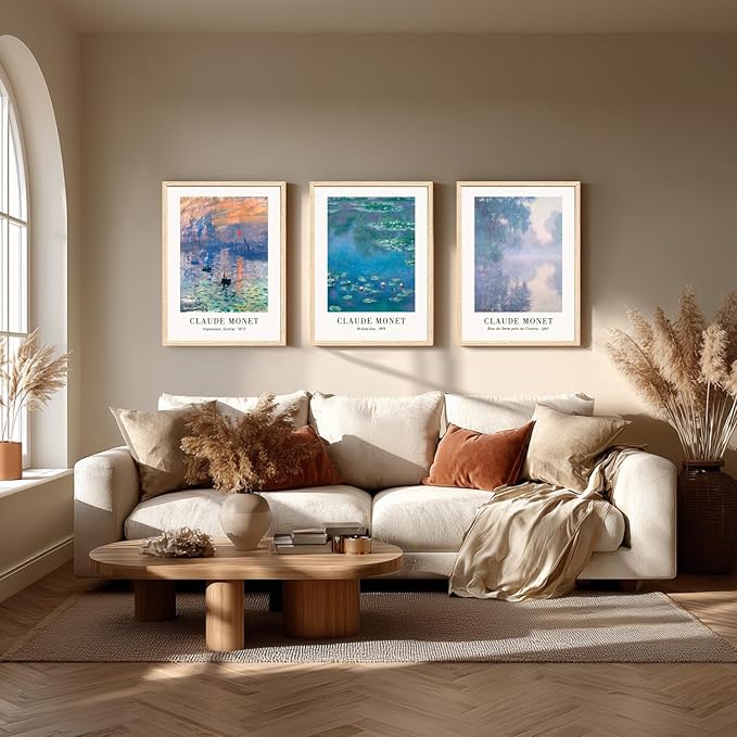 Cyebmo Vintage Botanical Wall Art Set of 3, Claude Monet Water Lilies Art Prints, Impression Sunrise Water Lilies Seine River Poster Prints for Living Room Bedroom Bathroom Wood Framed 12"x16"x3