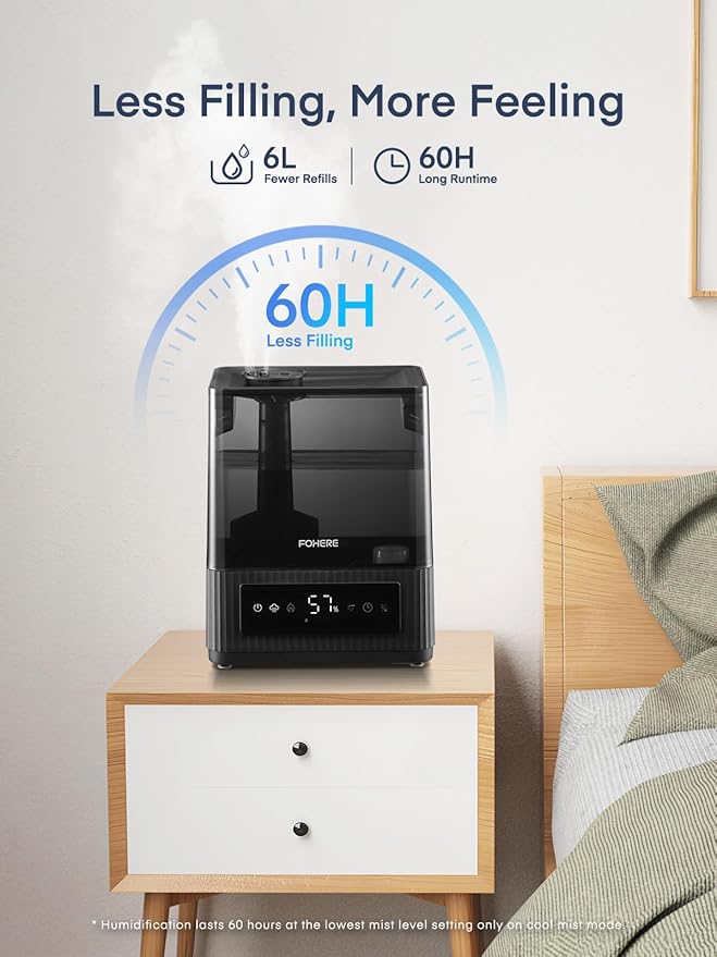 FOHERE Smart Humidifiers for Bedroom, 6L Warm and Cool Mist Quiet Humidifier with 60H Runtime, Humidity Control, Oil Diffuser, Sleep Mode, 12H Timer, Light, Top Fill Ultrasonic for Home Baby Plant
