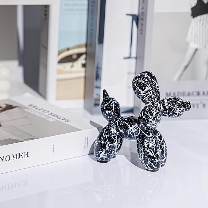 Creative Balloon Dog Statues Small Ceramic Animal Sculpture Modern Home Decor Living Room Desktop Decorations Bedroom Office Cabinet Ornament (Black-B)