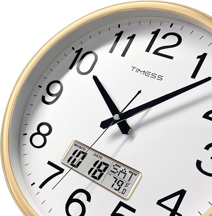 Wall Clock, 11 Inch Non-Ticking Silent Battery Operated Quartz Analog with LCD Display for Perpetual Calendar and F° Temperature, Ideal Modern Home, Bedroom, Kitchen, Office Décor (Gold)