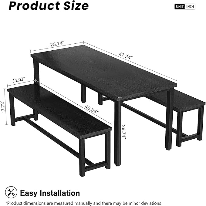 Recaceik 47” Dining Table Set with Benches, 3 Pieces Dining Room Table Set for 4, Wood Kitchen Table and Chair Set with Sturdy Frame, Space Saving Dinette Set for Breakfast Nook, Dining Room, Black